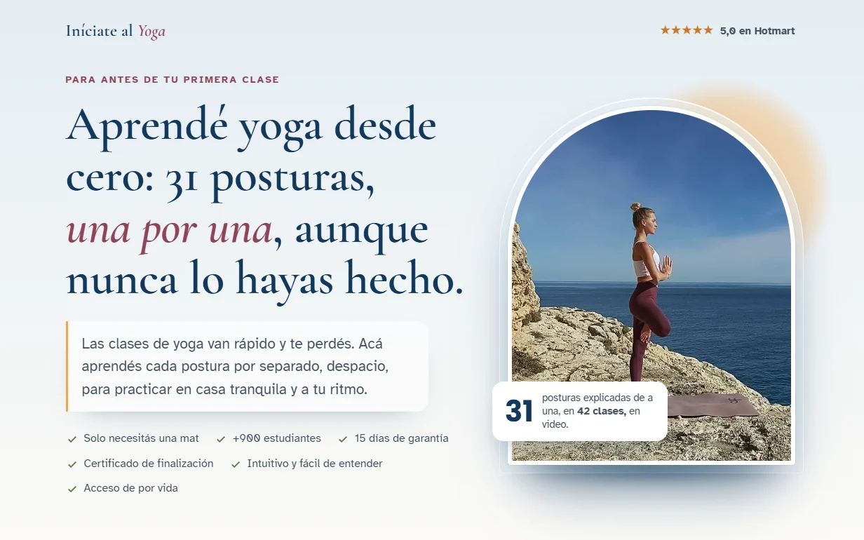 Captura de la página de ventas de Iníciate al Yoga: titular sobre aprender yoga desde cero y Nikol meditando frente al mar